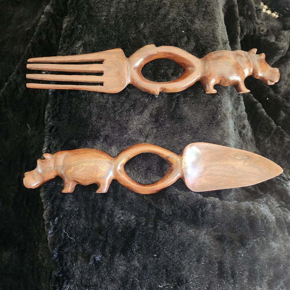 Vintage Hand-Carved Wooden African Safari Hippo Serving Salad Utensil Set
